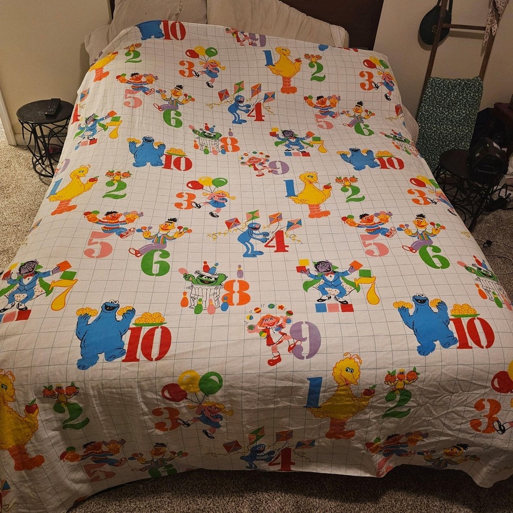 Vintage Sesame Street Queen Flat Sheet 90s Kids Numbers Cartoon Bedding Sheet